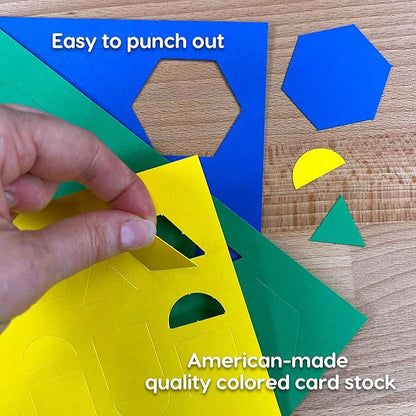 882 Pcs Pattern Block Shapes Math Manipulatives for Learning Multicolor Triangles, Squares, Hexagons, and more Easy-Punch Paper Shape Cutouts in 7 Bright Colors US Made Card Stock