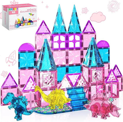 60PCS Dinosaur Toys Magnetic Tiles for Girls, Magnet Building Blocks Sensory Toy for Girls Boys Ages 3-5 4-8, STEM Learning Construction Toddler Girl Toys Birthday Gift for 3+ Years Old Kids Toy