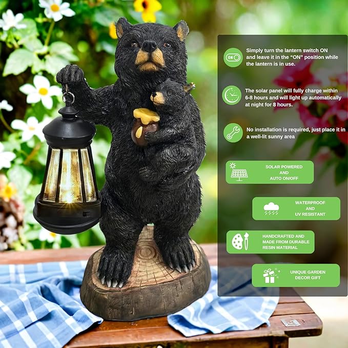 Garden Statues Bear with Solar Lantern, Outdoor Bear Figurines Decorations for Patio Yard Lawn Ornaments, Gifts for Mom/Grandma Birthday Housewarming