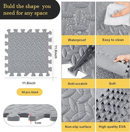 Shihanee Foam Floor Baby Tiles Foam Floor Mats Play Mats Bulk with Borders Interlocking for Kids Baby Playroom Nursery Gym (Gray,64ft)