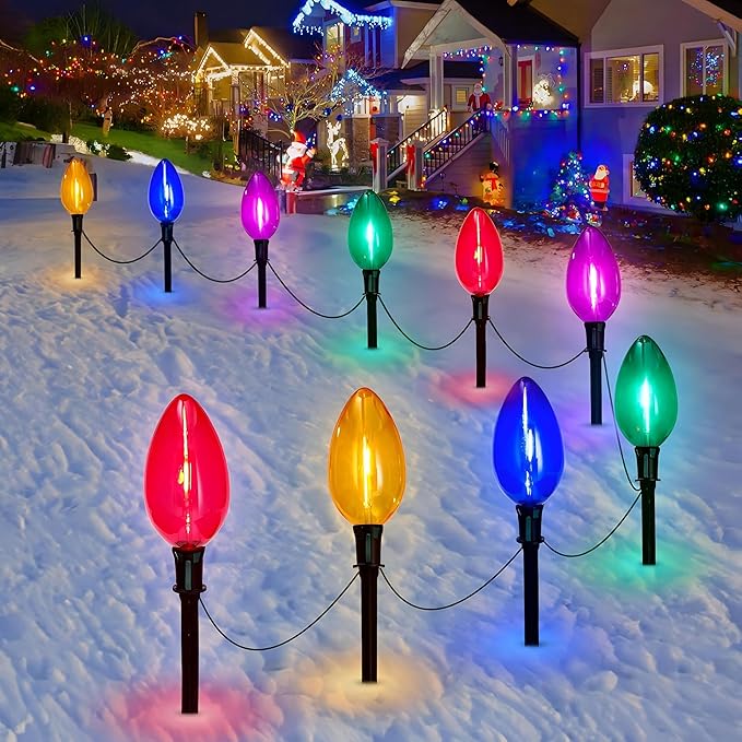 Jumbo C9 Christmas Pathway Lights Outdoor - 2 Pack Total 14 FT 8 LED C9 Giant Clear Multicolor Christmas Walkway Lights for Lawn Holiday Yard Garden Driveway Xmas Decorations