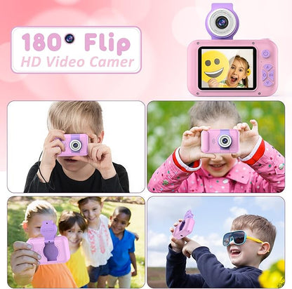 Kids Camera with Flip-up Lens for Selfie & Video, HD Digital Camera with 32GB SD Card, Ideal for 3-8 Years Old Girls Boys on Birthday Christmas Party as Gift(Pink)