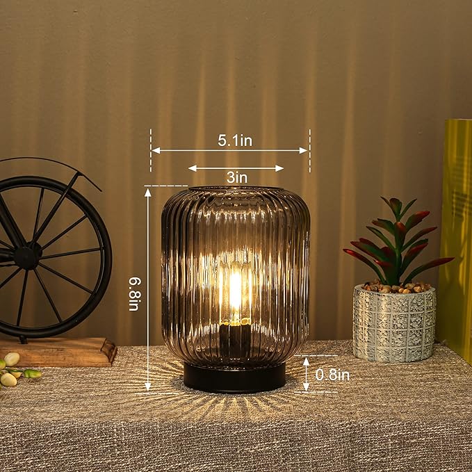 Battery Operated Lamp, Cordless Table Lamps for Home Decor, Battery Powered Nightlight with LED Bulb, Decorative Glass Beside Lamp for Bedroom Living Room-Grey