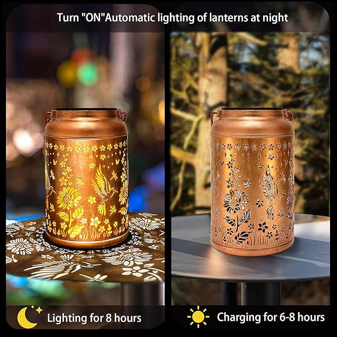 Outdoor Solar Waterproof Lantern Bee Garden Decorative Lights Hanging Solar Lights for Patio, Balcony, Backyard, Porch as Gift for Mom and Grandma (Hummingbird Flowers)