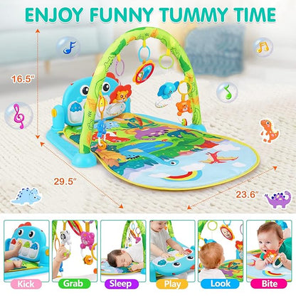 UMIKU Baby Gym Play Mats Baby Toys Tummy Time Mat Musical Activity Center for Newborn Infant Piano Babies Play Mat Music & Light Newborn Infant Gifts for Babies 0-3 6 9 12 Months Dinosaur Style