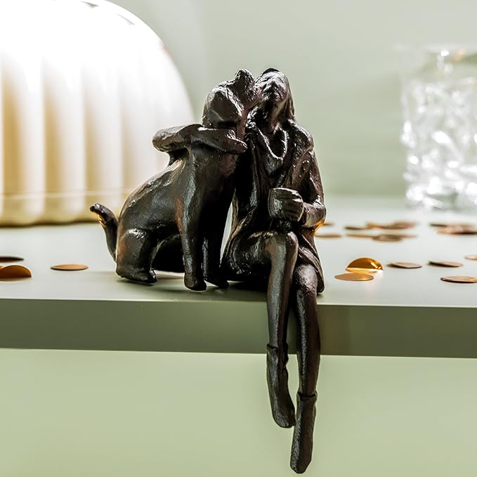 Cast Iron Sitting Woman and Dog Statue, Love Figurine, Gifts for Dog Lovers, Memorial Gifts for Women and Girls, Black