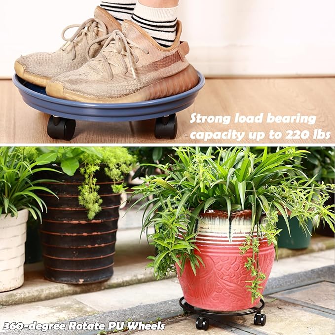6 Packs Plastic Plant Caddy with Casters 12” Plant Dolly Heavy Duty Rolling Plant Stand with Wheels for Indoor and Outdoor Large Heavy Plant Pot Rollers, Black and Brown