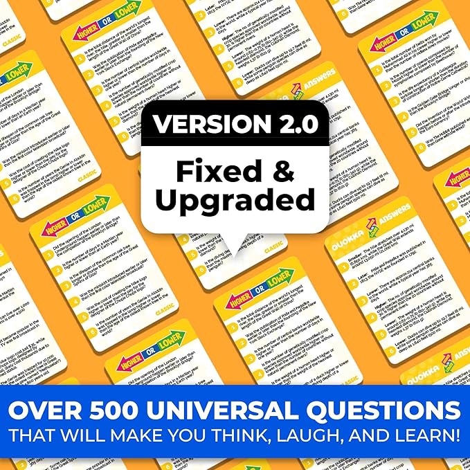 QUOKKA Trivia Board Games for Kids and Adults - Version V2.0 - Family Night Board Game 4xSet Higher or Lower Trivia Cards | Guess Fun Questions | 2 + Players - Challenge Your General Knowledge