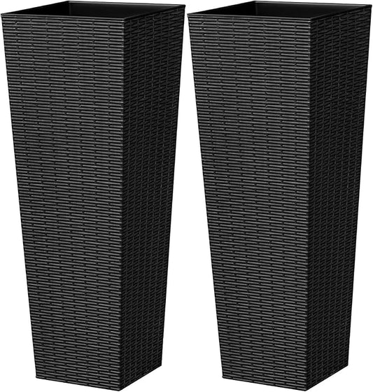 Greesum 32 Inch Tall Plastic Planters with Rattan Texture – Set of 2, Detachable Inner Pot & Drainage Holes, Indoor/Outdoor Decorative Flower Pots for Large Plants, Trees, Patio, and Garden, Black