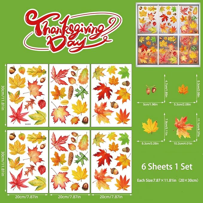 6 Sheets Thanksgiving Window Clings Stickers Maple Leaves Decoration Designs Thanksgiving Day Autumn Window Clings Fall Leaves Window Stickers Party Home Office Shop Decorations Supplies