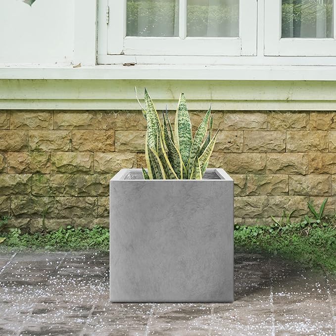 Kante 10 Inch Square Concrete Planter for Outdoor Indoor Home Patio Garden, Large Plant Pot with Drainage Hole and Rubber Plug, Natural Concrete