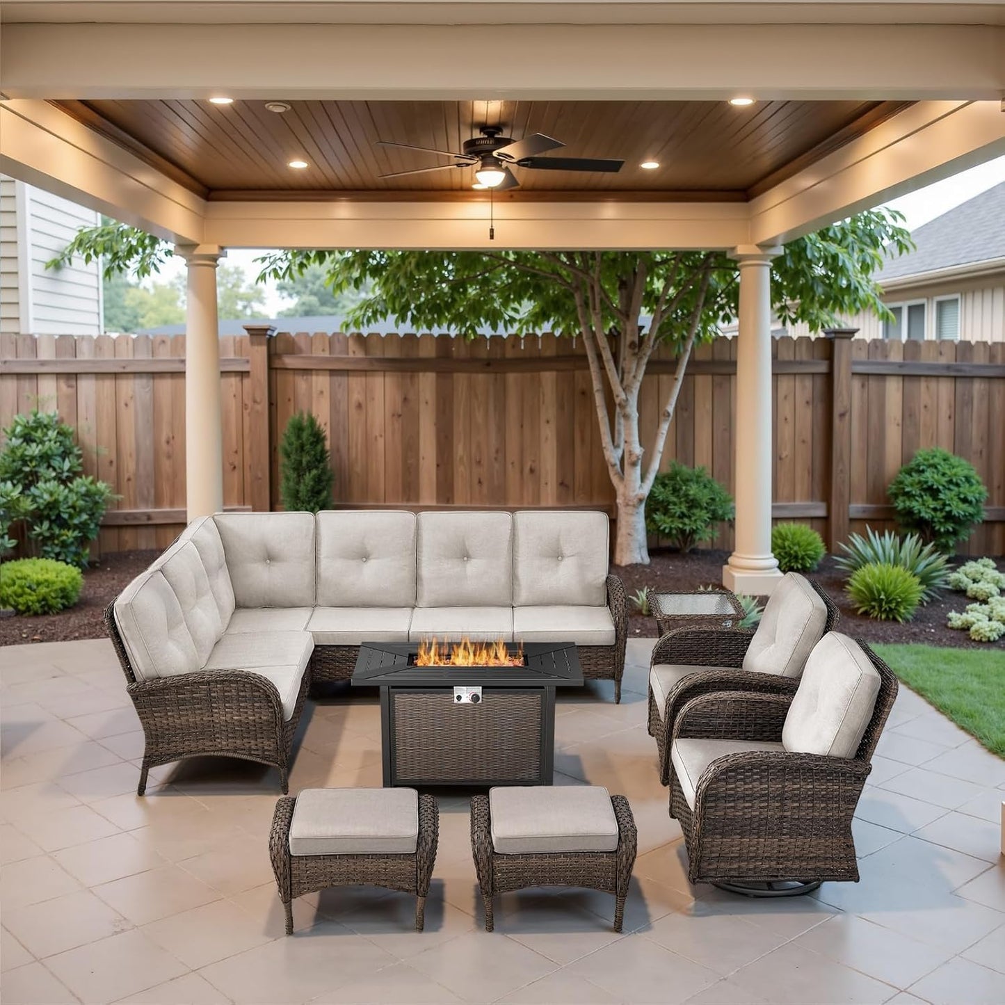 8 Pieces Patio Conversation Set with 43” Propane Fire Pit Table, Outdoor Sectional Furniture Sofa Set with Removable Cushions for Patio Deck Backyard Brown