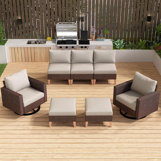 HUMMUH 7 Pieces Patio Furniture,Outdoor Modular Sectional Couch Swivel Rocking Chairs with Ottomans,All Weather PE Wicker Patio Conversation Sets for Garden Porch Backyard