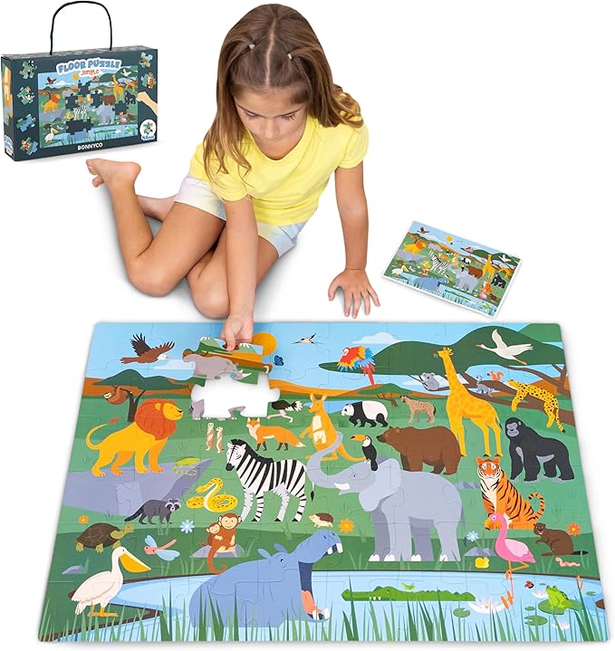 BONNYCO Giant Floor Puzzles for Kids of Jungle Animals with 48 Large Pieces. Safari Jumbo Puzzle 36.2 x 24.4 in, Gifts for Boys and Girls, Educational Kids Toys Ages 2-8