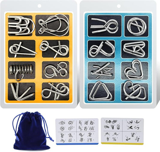 Metal Wire Puzzle 16-Piece Set with Pouch – IQ Test Brain Teaser Disentanglement Chinese Ring Fidget Toy for Kids & Adults – Portable Party Favor