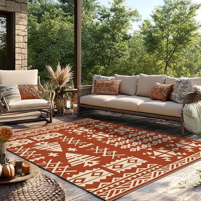 WILDROOTS 5x8 Feet Plastic Exotic Red Outdoor Rug, Stain Resistant Waterproof Reversible Outdoor Patio Rug, Fade Resistant Camping Rug