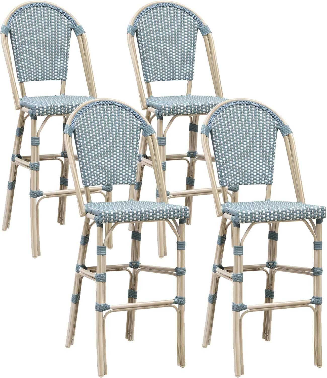 PURPLE LEAF French Bar Stool Set of 4 White Print Finish Patio Bar Stools with Back Rattan Bar Chairs Wicker Bar Height Stool 30" with Footrest Kitchen Island Stools Outdoor Barstool Light Blue