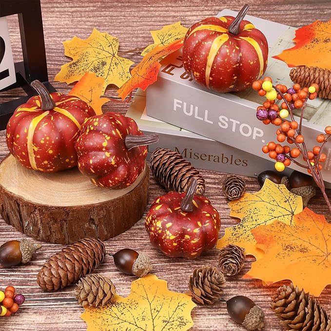 30 Pcs Artificial Pumpkins Set Fall Decorations with Maple Leaves Pine Cones Acorns Berries Assorted Fake Pumpkin for Thanksgiving Halloween Autumn Harvest Home Table Decor