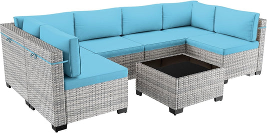 7-Piece Patio Furniture Set, Outdoor Sectional with Thick Cushions, Modular Patio Sofa, Dual-Strand Wicker Rattan, Rust-Resistant Frame, Backyard Furniture for Garden, Deck, Blue