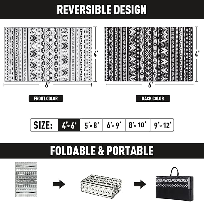 WILDROOTS 8x10 Feet Black and White Plastic Outdoor Rug, Stain Resistant Waterproof Reversible Outdoor Patio Rug, Fade Resistant Camping Rug