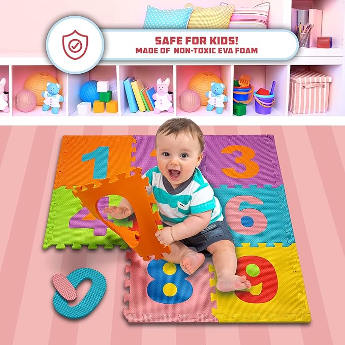 TOYVELT Foam Play Mat for Baby Kids 12x12-10 Interlocking Foam Puzzle Floor Mat Tiles EVA Non Toxic for Crawling, Exercise, Playroom, Play Area, Baby Nursery - Numbers