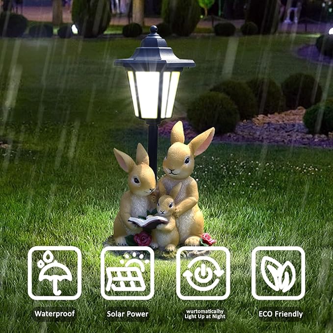 Solar Garden Outdoor Decor Statues Rabbit Family with Light,Outside-Outdoor Decorations Sculptures for Patio Yard Lawn Walkway Ornaments Clearance Gifts for Mom Grandma Birthday