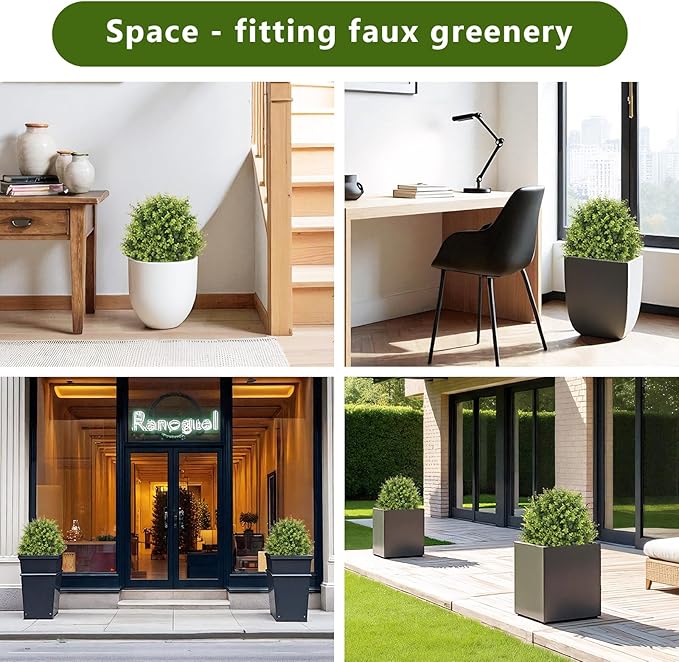 THE BLOOM TIMES 2ft Faux Boxwood Plants Outdoor Set of 2, Topiary Balls Artificial Outside Trees, 24" UV Resistant Fake Greenery Bushes & Shrubs for Front Porch Planter