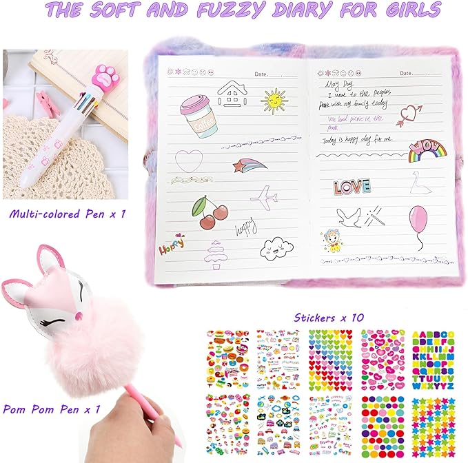 Girls Diary with Lock,Journal for Kids with Bookmarks Sticky Notes Pom Pom Pen Notebook for Writing and Drawing 160 Lined Pages Diary for Girls ages 6-8