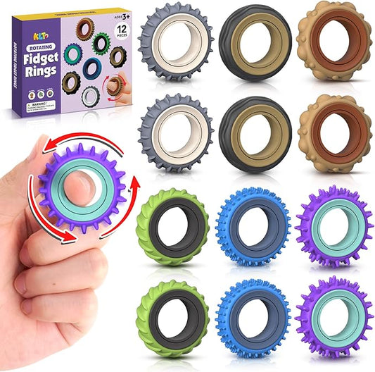 Fidget Toys Adults Sensory Rings: 12 Pack Texture Spinner Rings - Stress Relief Sensory Toys for Kids ADHD - Quiet Desk Fidgets for Classroom Anxiety Office for Teens Boys