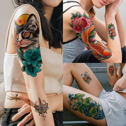 77 Sheets Temporary Tattoos Adult Kids Old School Skull Tiger Sword Cat Eagle Snake Lotus Flower Butterfly Half Arm Realistic Fake Tattoos Sticker for Women Men