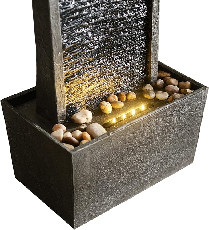 Teamson Home 38.5" Faux Slate Contemporary Outdoor LED Waterfall Fountain with Pebble Base, Gray/Black