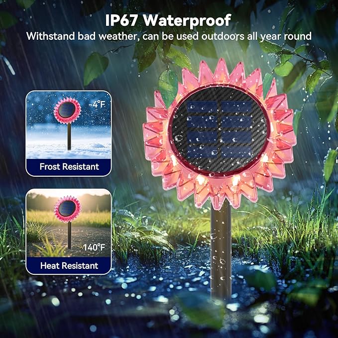 Hogni Solar Pathway Lights - 2 Pack LED Sunflower Garden Light, Waterproof Outdoor Decor for Wall, Lawn, Yard, Walkway, Patio, Landscape