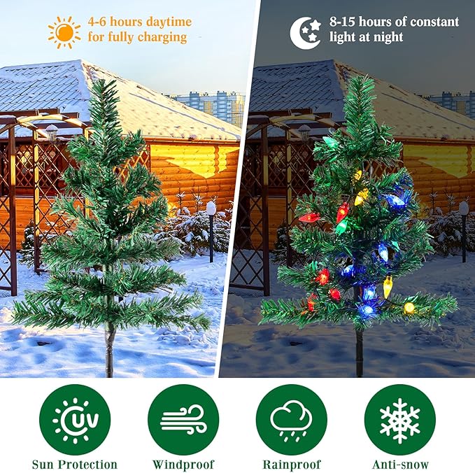 4 Pcs Solar Christmas Tree Outdoor Christmas Decorations 30 Inch Prelit Waterproof Xmas Tree Yard Stake Lights with 80 LED for Yard Pathway Cemetery Patio Christmas Garden Outside Decor