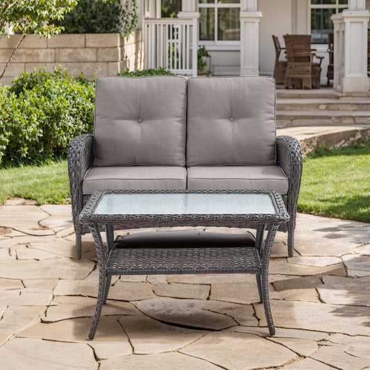 HUMMUH Outdoor Loveseat Sofa 2-Seat PE Wicker Outdoor Couch with Coffee Table,Deep Seat High Back Outdoor Patio Furniture for Patio,Garden,Porch,Deck(Grey)