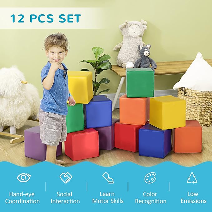 Soozier 12 Piece Soft Play Blocks, Soft Foam Toy Building and Stacking Blocks Compliant Learning Toys for Toddler Baby Kids Preschool