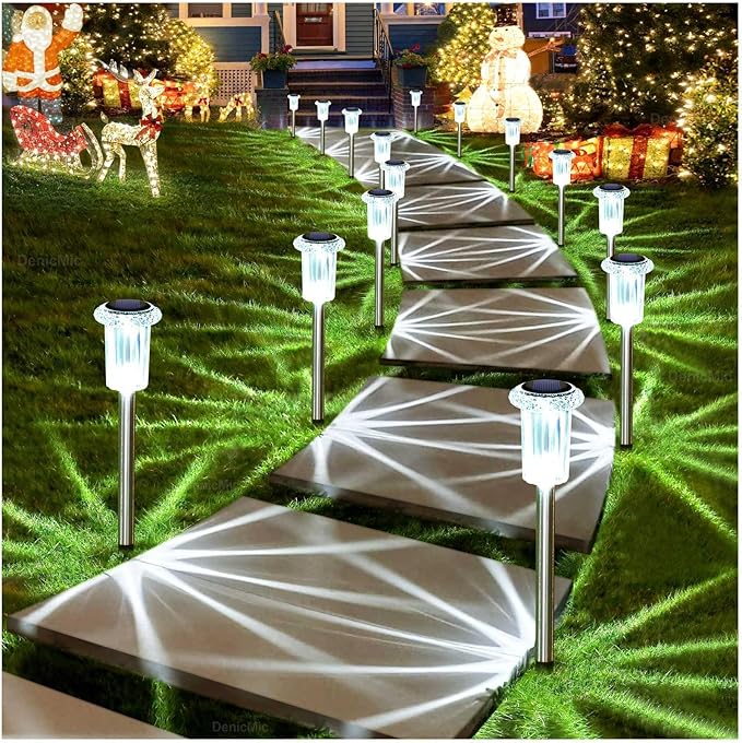 DenicMic Solar Lights Outdoor Pathway Lights 6000K LED Waterproof Acrylic Lamp Head Stainless Steel Stake for Yard Garden Landscape Path Walkway Driveway Patio Lawn (Cold White 10Pack)