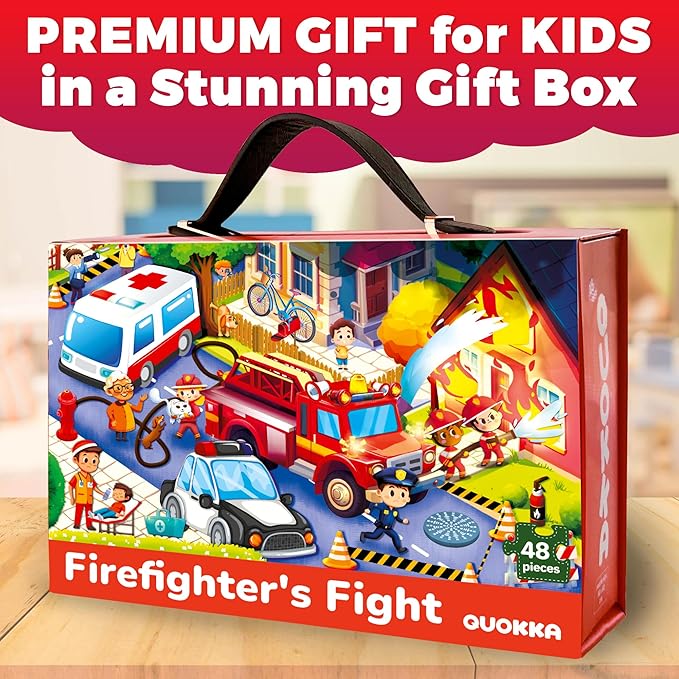 QUOKKA Giant Floor Puzzle for Kids Ages 4-6 – 2x3 Feet Extra-Thick 48 Pieces Toddler Puzzle Ages 3-5 – Firetrucks Educational Activity for Boys Girls – Premium Box with Sturdy Handle & Magnetic