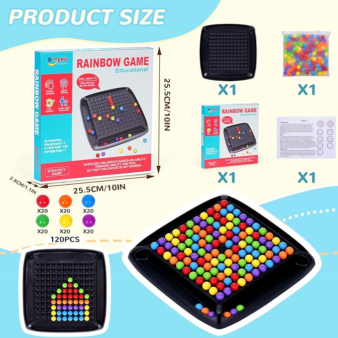120 Pcs Dual Dual Intellectual Chessboard, Strategy Puzzle Board Game for Kids, 2 to 4 Players Family Travel Party Games, Rainbow Game Marbles Gifts for Boys Girls