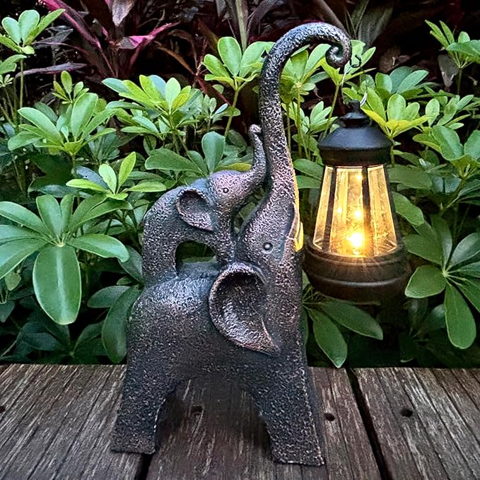 Elephant Statues Garden Decor with LED Solar Lights-Lucky Elephant Mother Gifts for Women, Men or Daughter, Unique Housewarming Gifts and Yard Decoration (Gold)