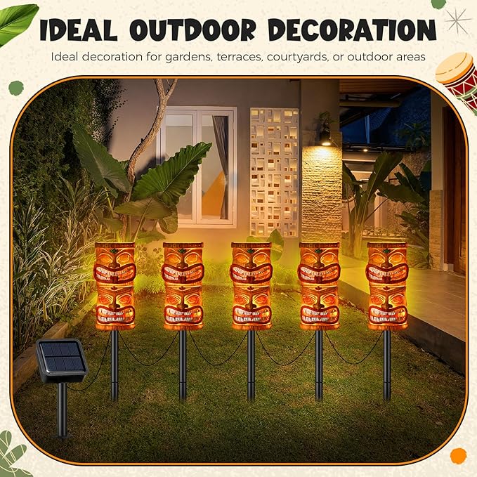 VIHOSE 5 Pcs Tiki Solar Light Decor Tiki Bar Statues Solar Power Light Stake Outdoor Hawaiian LED Decor for Luau Birthday Party Tropical Bar Garden Yard