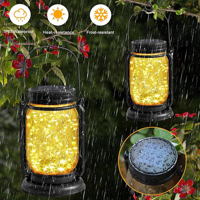 4 Pack Hanging Solar Lantern Lights,Vintage Glass Mason Jar Solar Fairy Lights, Mothers Day Gifts for Woman Mom Grandmom,Outdoor Decorative Waterproof Table Lamp with Stakes for Patio Yard Lawn Tree