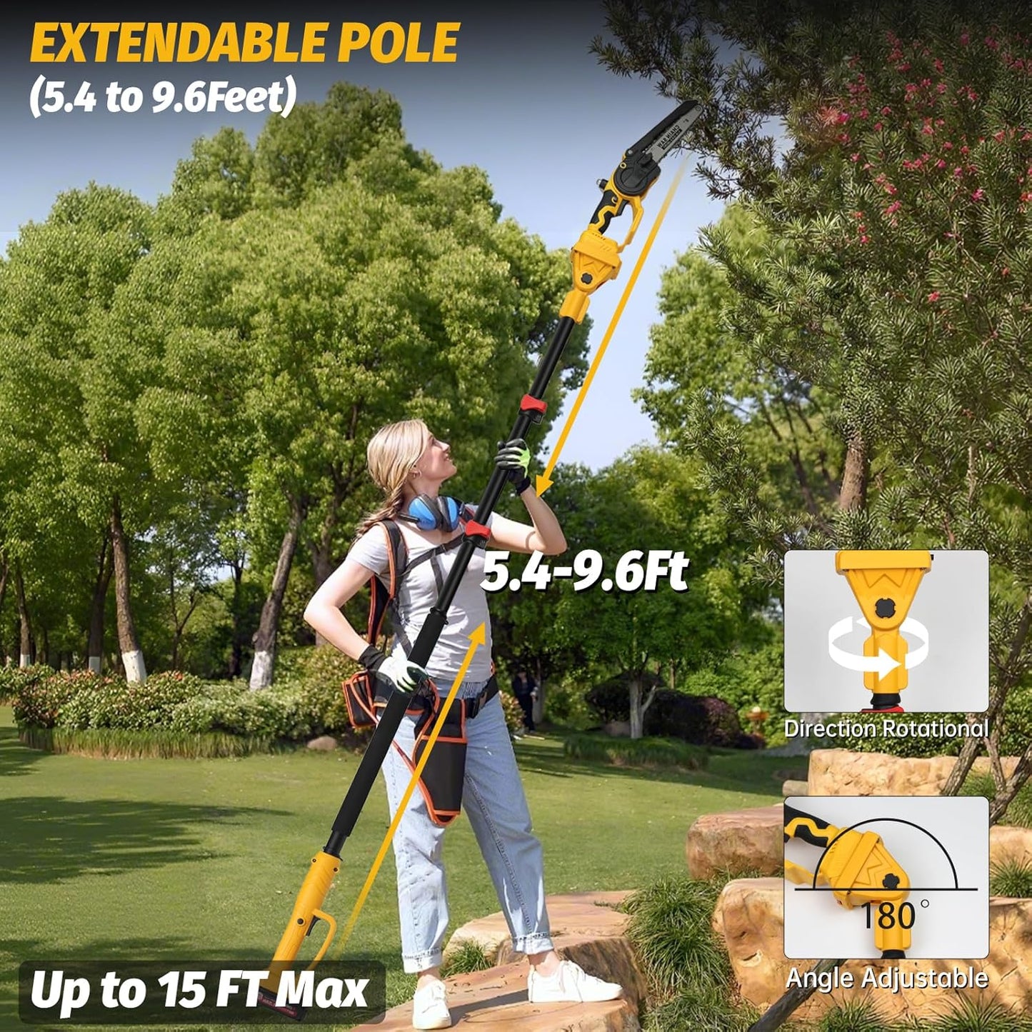 2-in-1 Cordless 8" Pole Saw & Mini Chainsaw Compatible with DeWALT 20V MAX Battery, Brushless 8 Inch & 6 Inch Telescoping Pole Chainsaw Combo Kit 15 Ft Max Reach for Tree Branches Pruning(Tool Only)