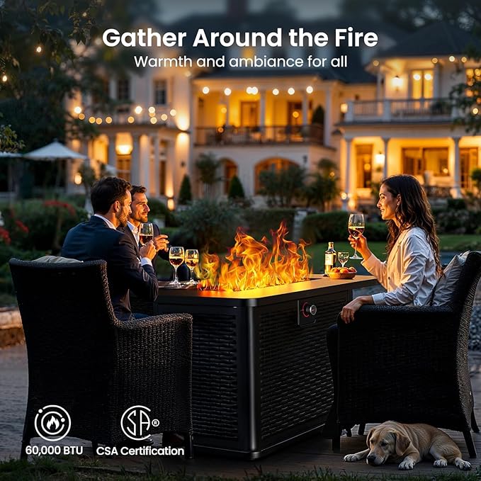 Ciays 43-Inch Rectangular Propane Fire Pit with 60,000 BTU Output, Gas with Cover and Rocks, Table CSA-Certified 2 in 1Table Gatherings Parties with 304 Stainless Steel H-Burner