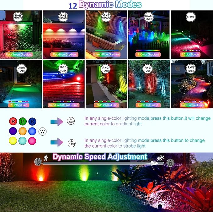 CLY Solar 6 in 1 RGB Spotlights Outdoor Garden, 10 Colors 12 Modes Solar Garden Floodlight Landscape Spotlights IP66 Waterproof 59.06ft Cable Spike Light for Lawn, Patio, Balcony