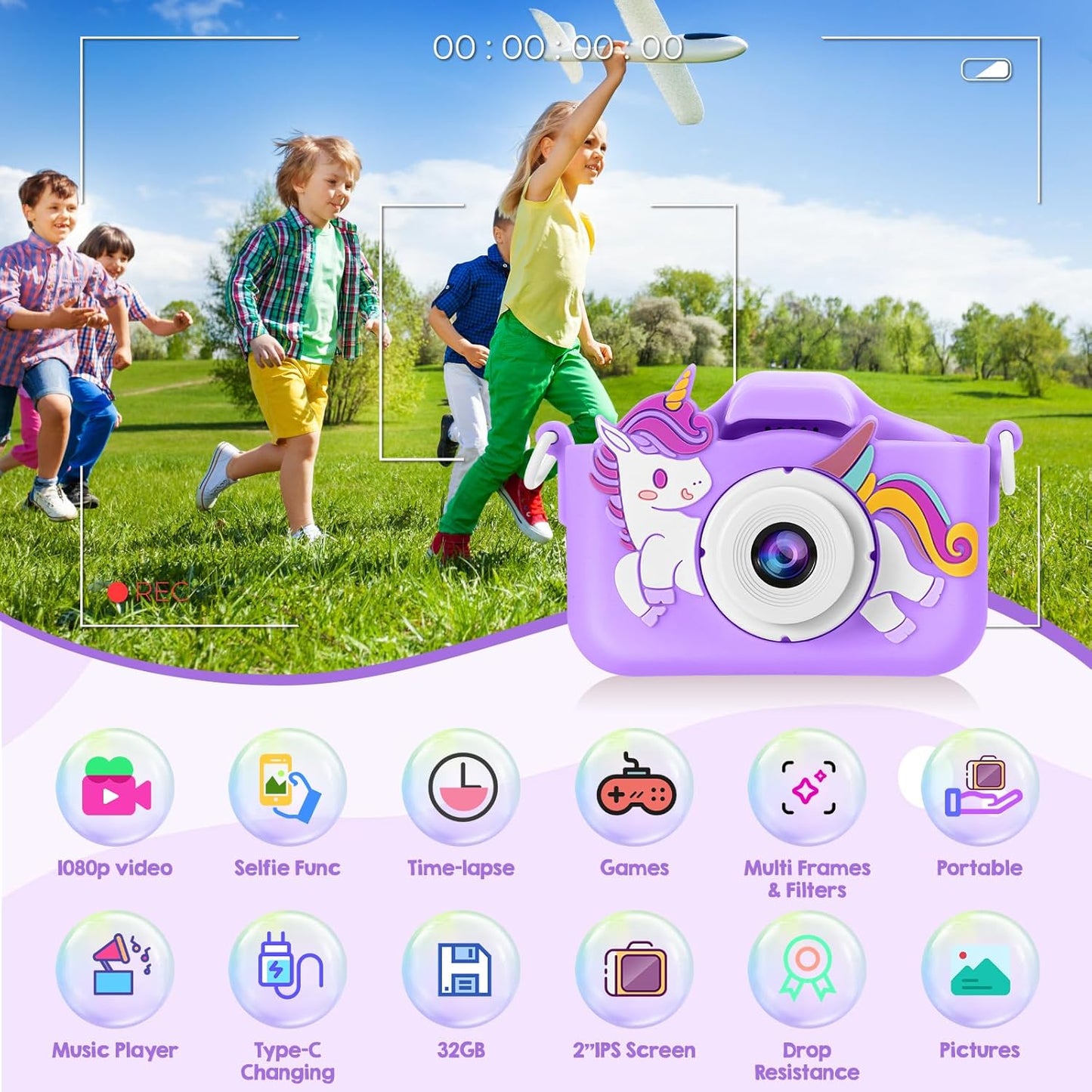 Kids Camera, Toys for Toddlers Age 3-8 Year Old Girl Christmas Birthday Gifts, Children Digital Camera with Cartoon Soft Silicone Cover and 32GB Card (Violet)