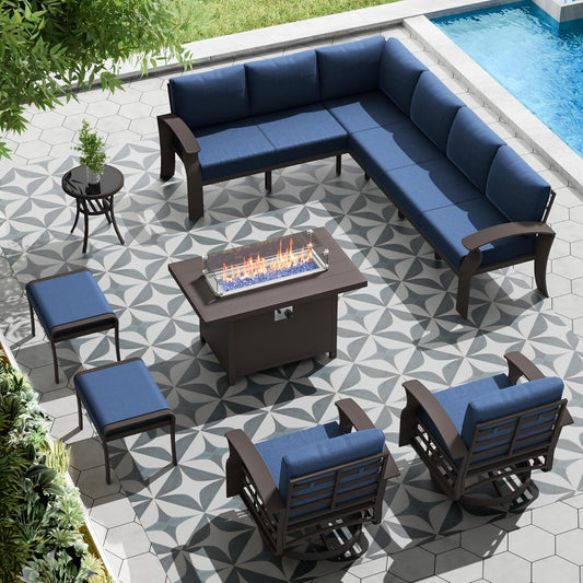 Aluminum Patio Furniture Set with Fire Pit Table, 10 Seats Outdoor Patio Conversation Set with Swivel Chair Modern Metal Patio Sectional Sofa with Coffee Table for Patio, Backyard(Navy Blue).