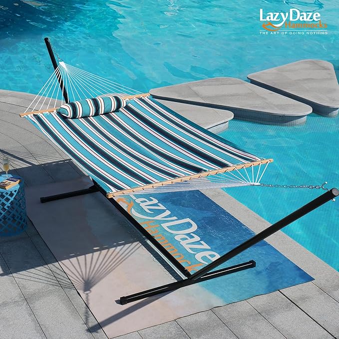 Lazy Daze 12 FT Sunbrella Fabric Hammock not Fading with Spreader Bars and Free Pillow Fits for Two Persons, All Weather and Fade Resistant for Patio Yard, 450 lbs Weight Capacity, Token Surfside