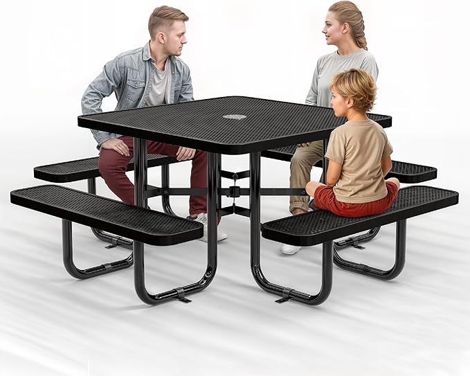 Metal Picnic Tables for Outdoors with Umbrella Hole - Coated Steel Heavy Duty Commercial Grade Table with Adjustable Seats (Black, 46 in, Square, Punched Steel)
