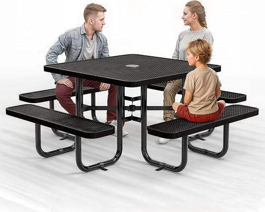 Metal Picnic Tables for Outdoors with Umbrella Hole - Coated Steel Heavy Duty Commercial Grade Table with Adjustable Seats (Black, 46 in, Square, Punched Steel)