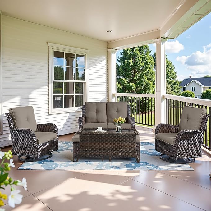 Wicker Outdoor Furniture Patio Furniture Set - 6 Piece Patio Conversation Set with Swivel Rocker Chairs, Loveseat Sofa, Ottomans and Coffee Table, Gray Cushion